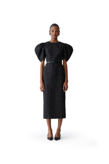 Puff Sleeve Crewneck Midi Dress | Black
