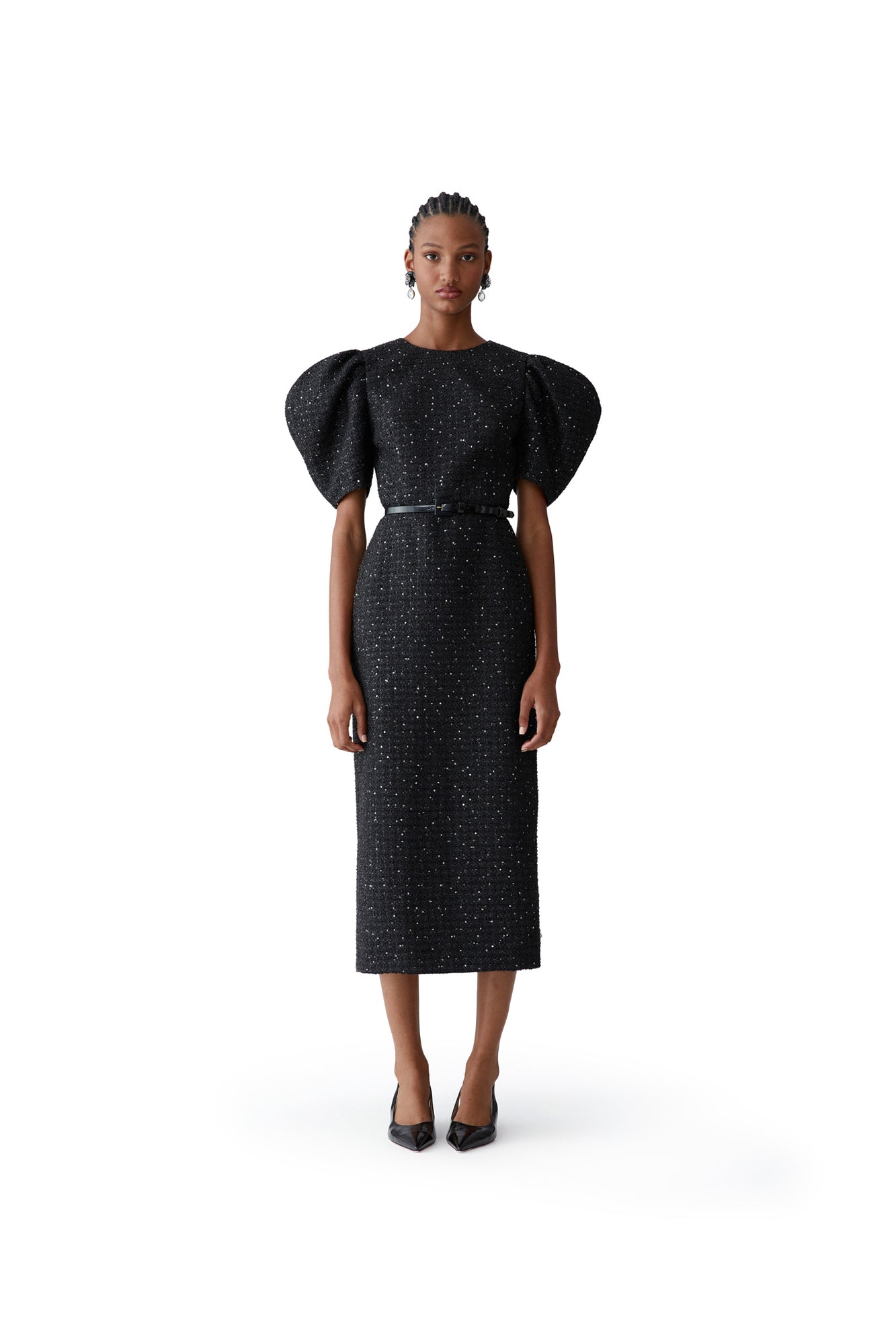 Puff Sleeve Crewneck Midi Dress | Black