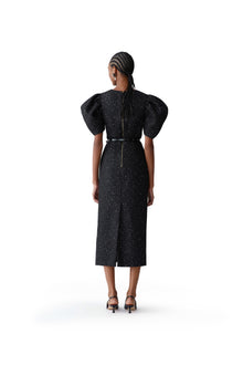 Puff Sleeve Crewneck Midi Dress | Black