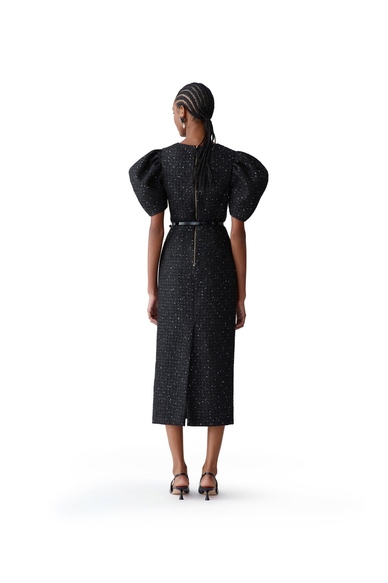 Puff Sleeve Crewneck Midi Dress | Black