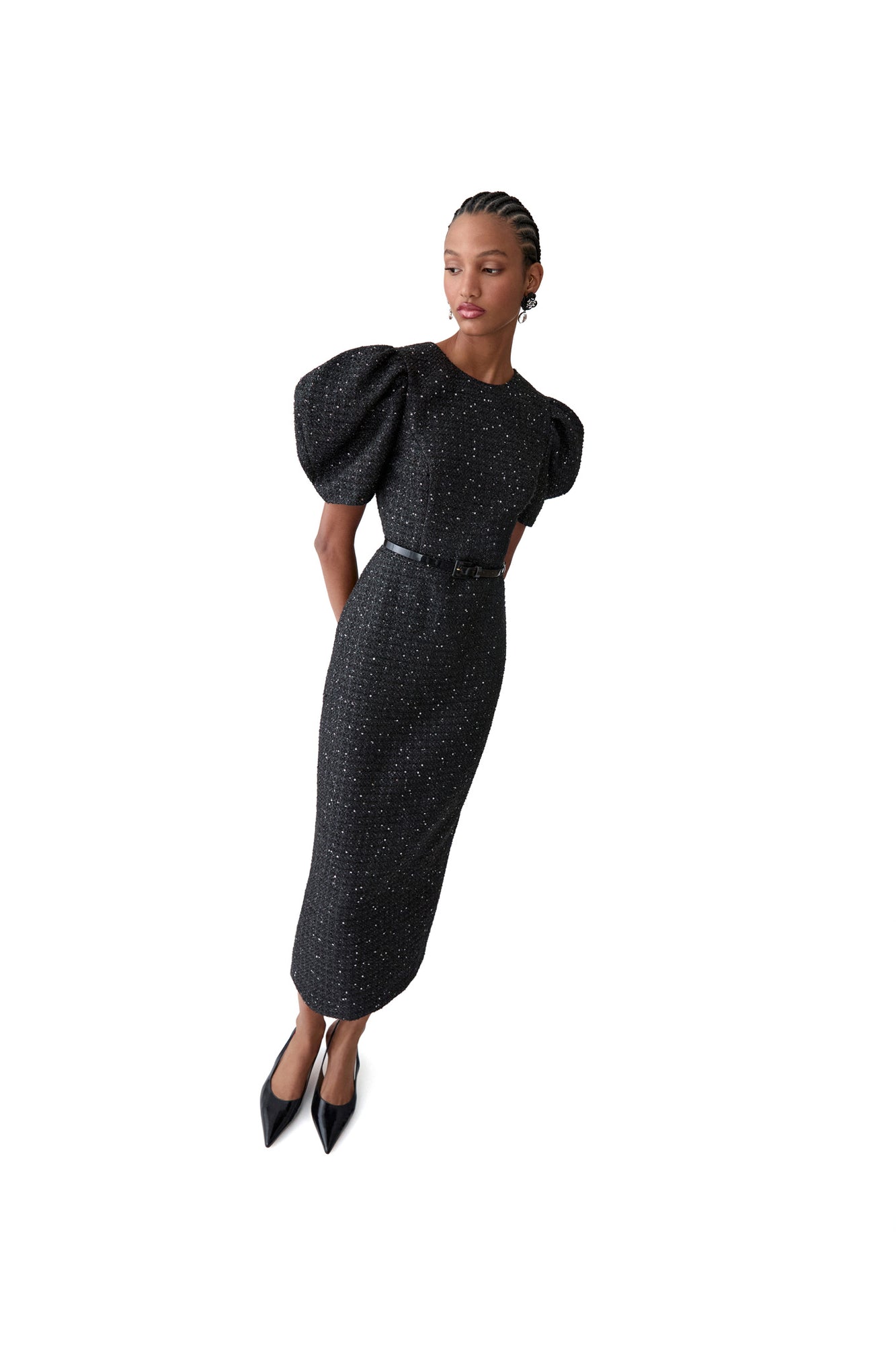 Puff Sleeve Crewneck Midi Dress | Black