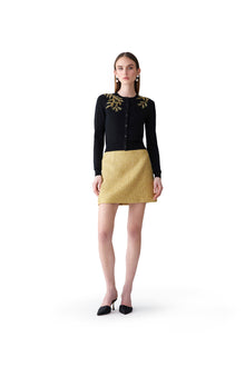 Embroidered Long Sleeve Crewneck Cardigan | Black/Gold