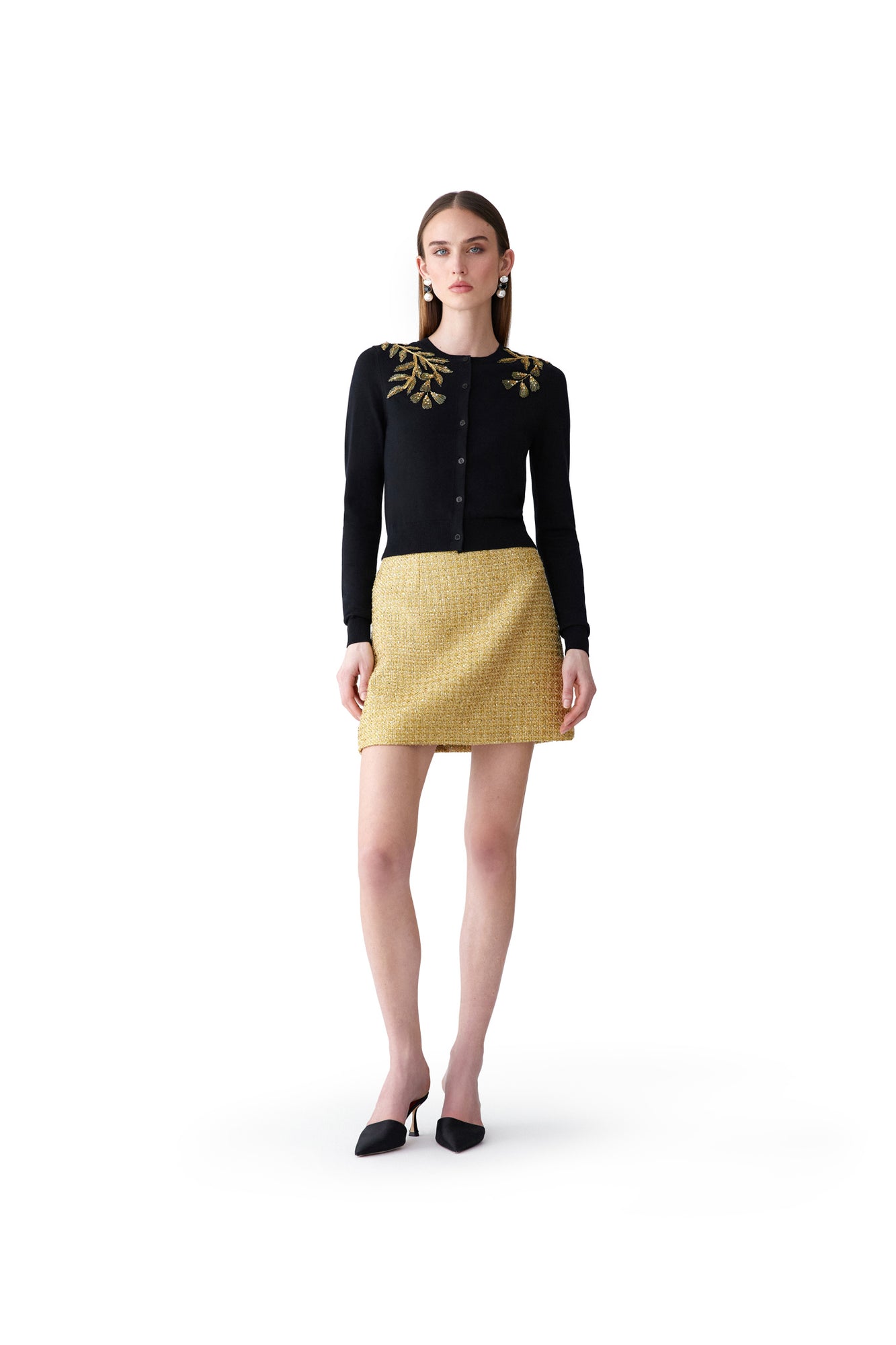 Embroidered Long Sleeve Crewneck Cardigan | Black/Gold