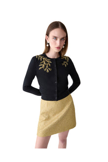 Embroidered Long Sleeve Crewneck Cardigan | Black/Gold