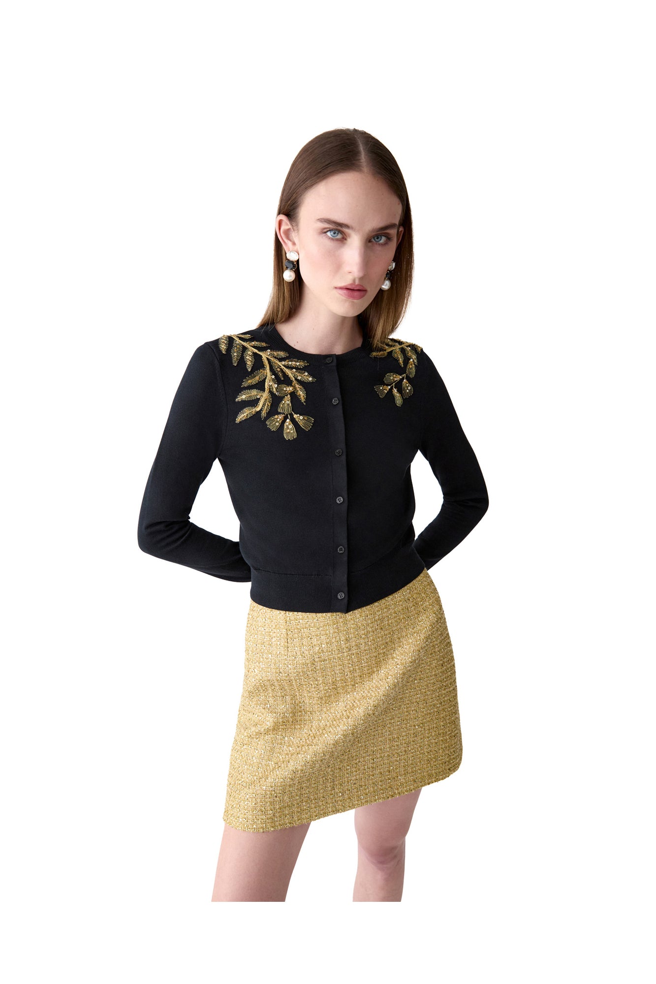 Embroidered Long Sleeve Crewneck Cardigan | Black/Gold