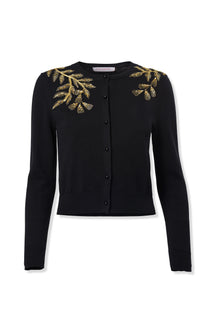 Embroidered Long Sleeve Crewneck Cardigan | Black/Gold