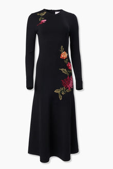 Embroidered Long Sleeve Crewneck Midi Dress | Black Multi