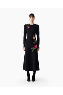 Embroidered Long Sleeve Crewneck Midi Dress | Black Multi