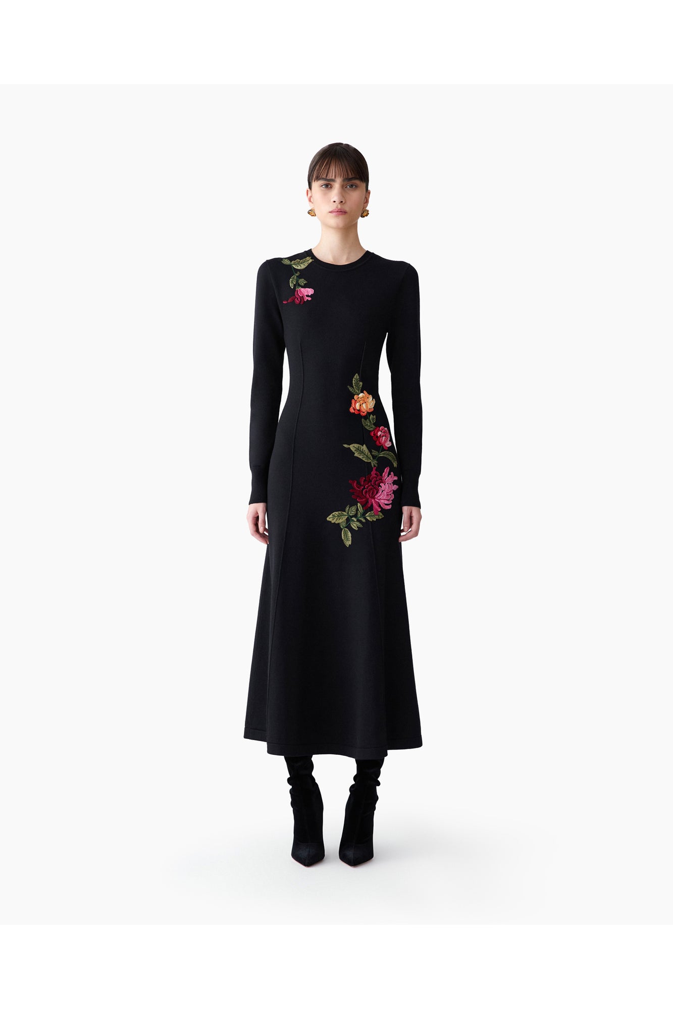 Embroidered Long Sleeve Crewneck Midi Dress | Black Multi