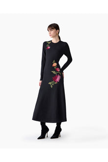 Embroidered Long Sleeve Crewneck Midi Dress | Black Multi