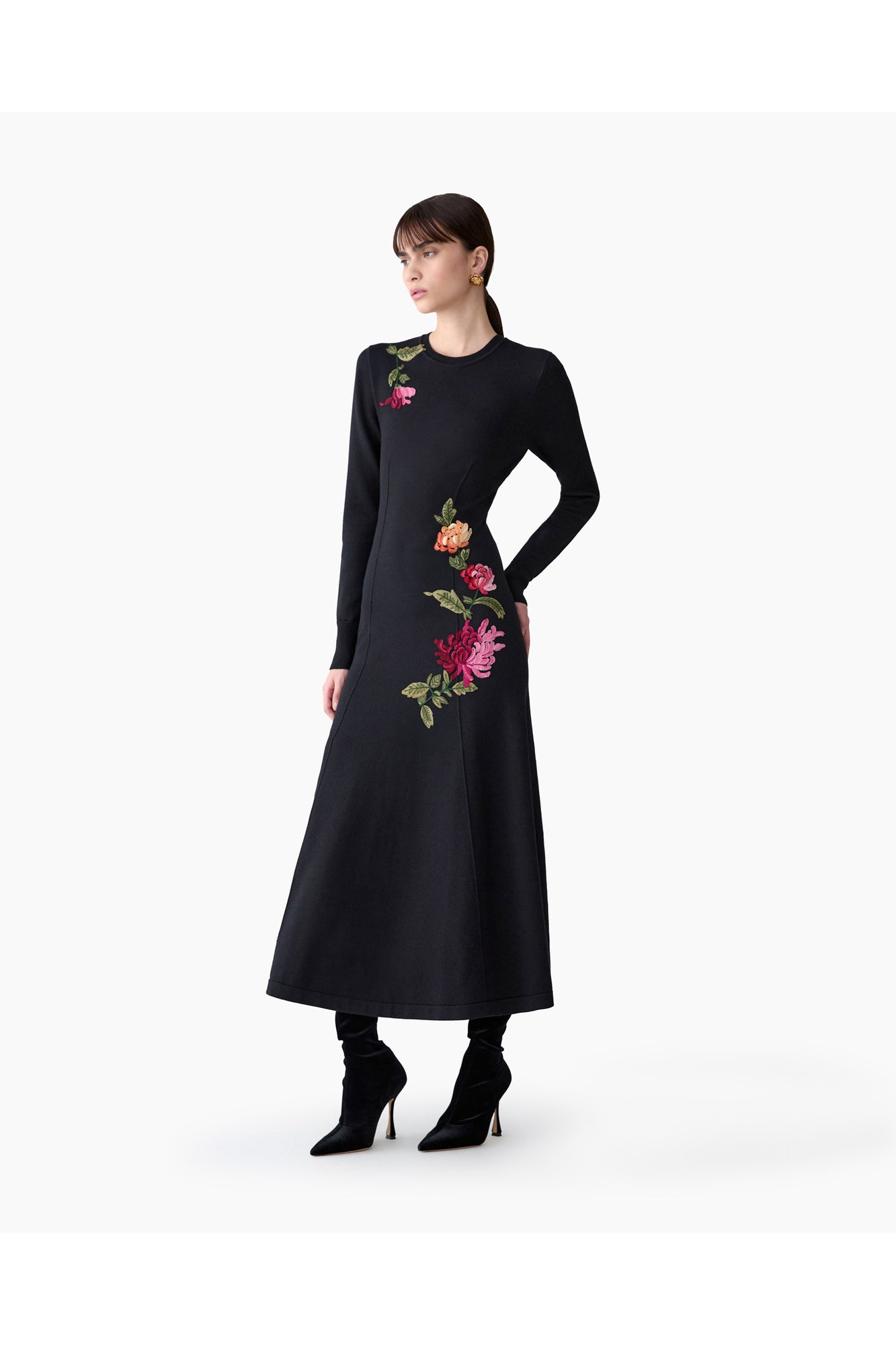 Embroidered Long Sleeve Crewneck Midi Dress | Black Multi