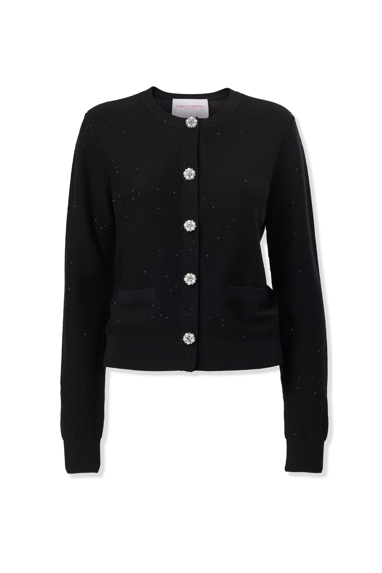 Long Sleeve Crewneck Cardigan With Jewel Buttons | Black