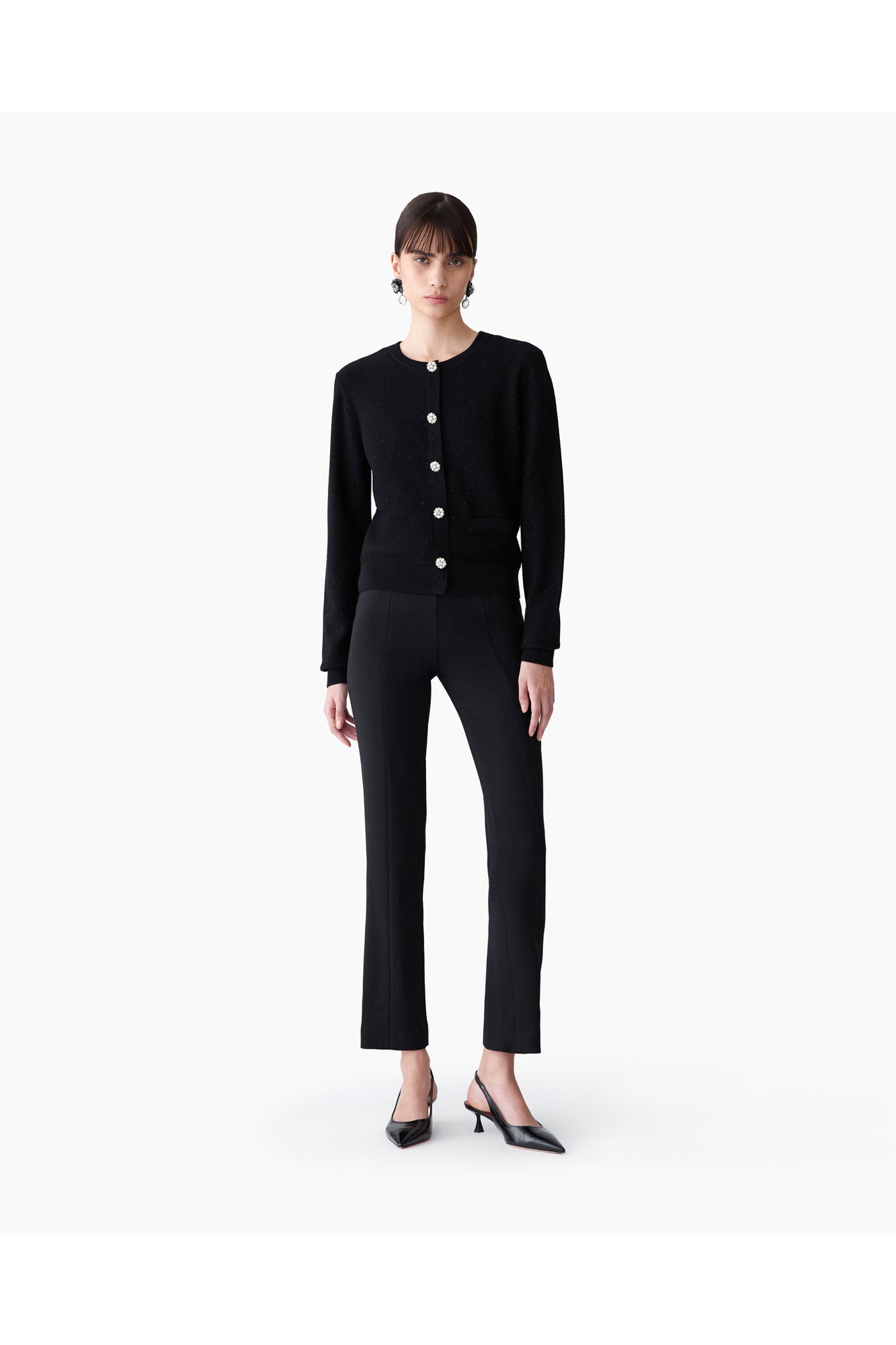 Long Sleeve Crewneck Cardigan With Jewel Buttons | Black