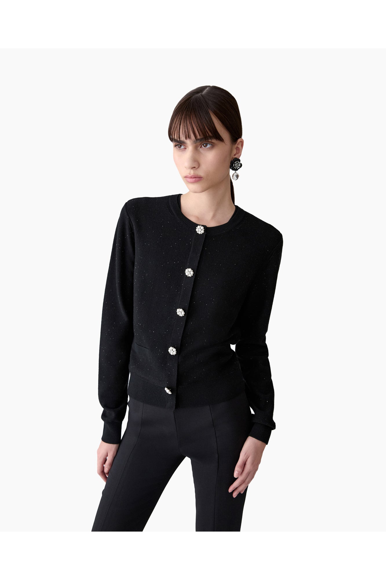 Long Sleeve Crewneck Cardigan With Jewel Buttons | Black