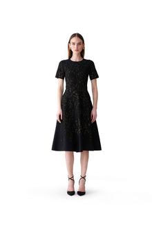 Short Sleeve Crewneck Flare Dress | Black/Gold
