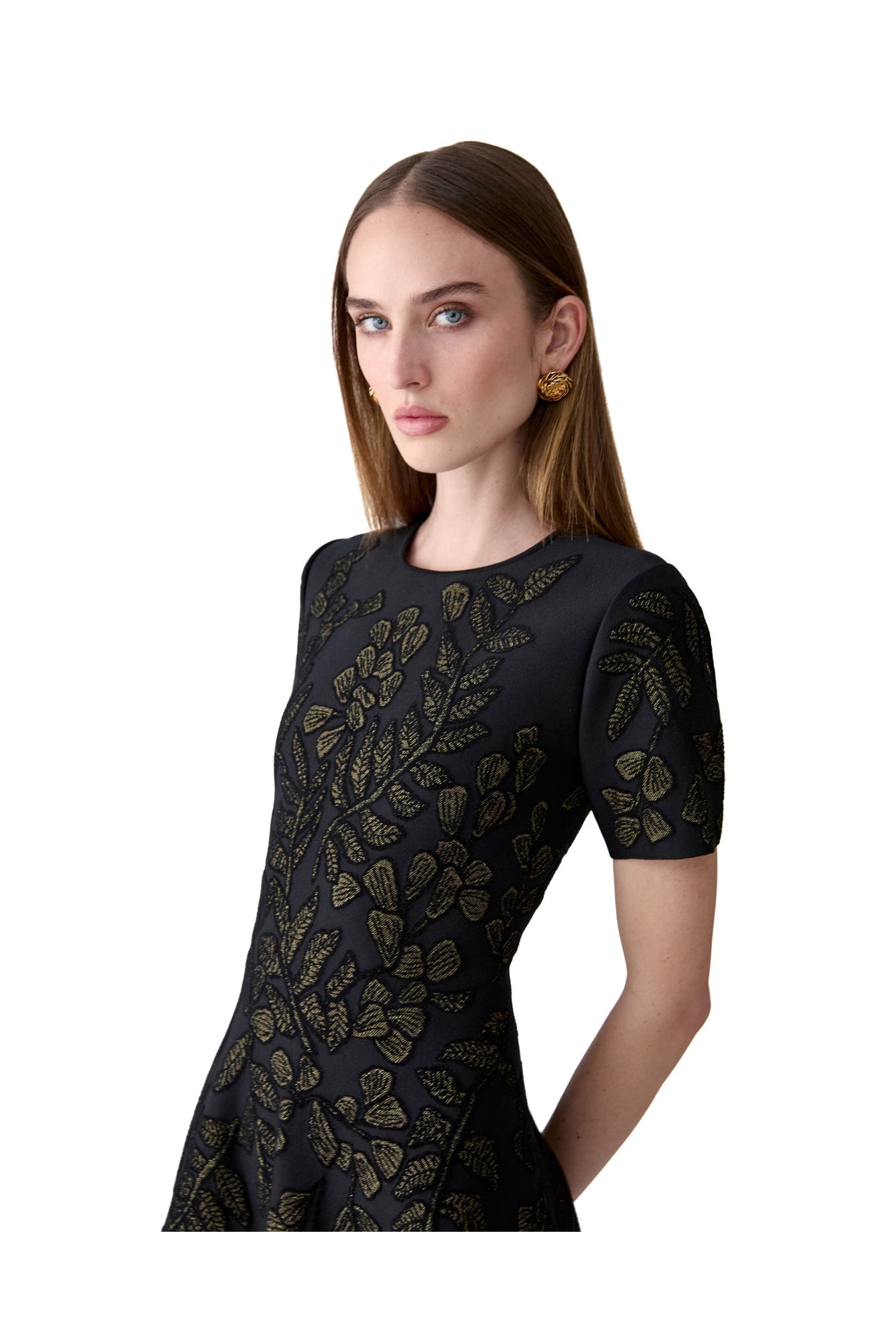 Short Sleeve Crewneck Flare Dress | Black/Gold