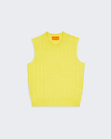Cable Vest In Cashmere - Lemon, women's lightweight sleeveless knit vest with rib neck and hem trim in bright lemon color.