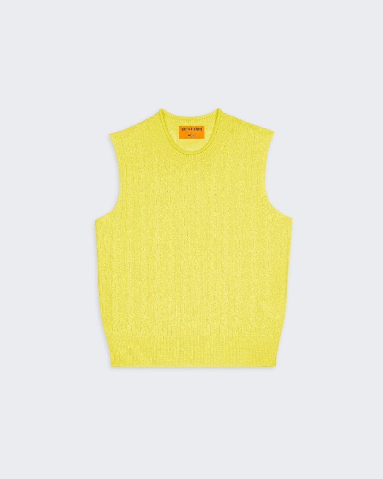 Cable Vest In Cashmere - Lemon, women's lightweight sleeveless knit vest with rib neck and hem trim in bright lemon color.