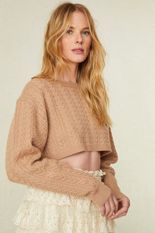 Crew Neck Cashmere Blend Sweater with long blouson sleeves and a cropped hem.