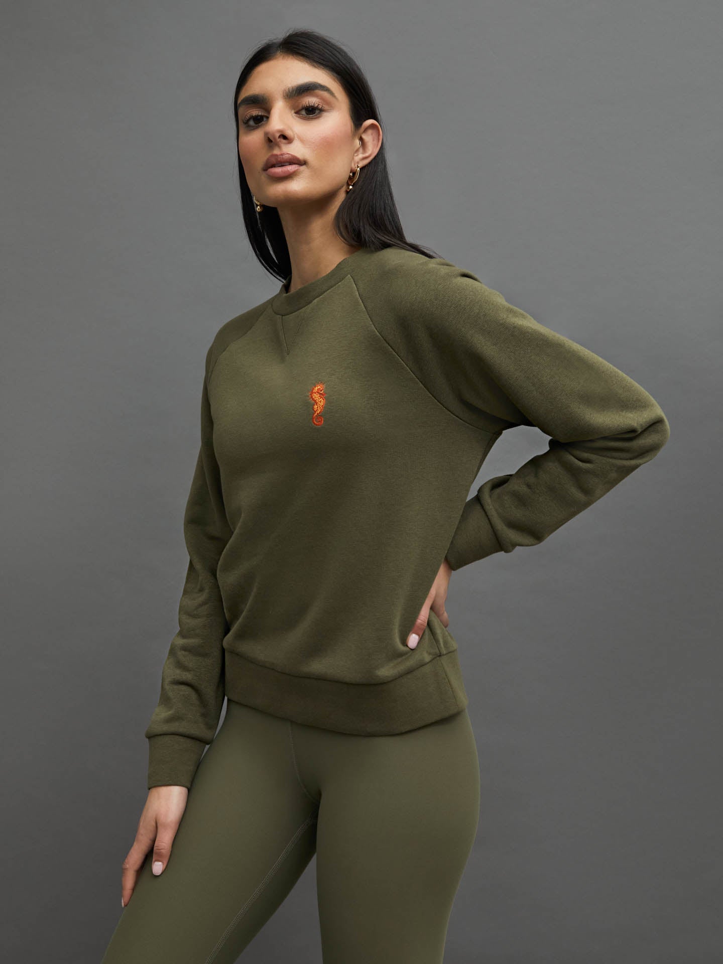 Carbon38 | Embroidered French Terry Crew Sweatshirt | Olive/ Seahorse