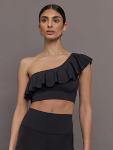 Ruffle One Shoulder Bra in Diamond Compression | Black