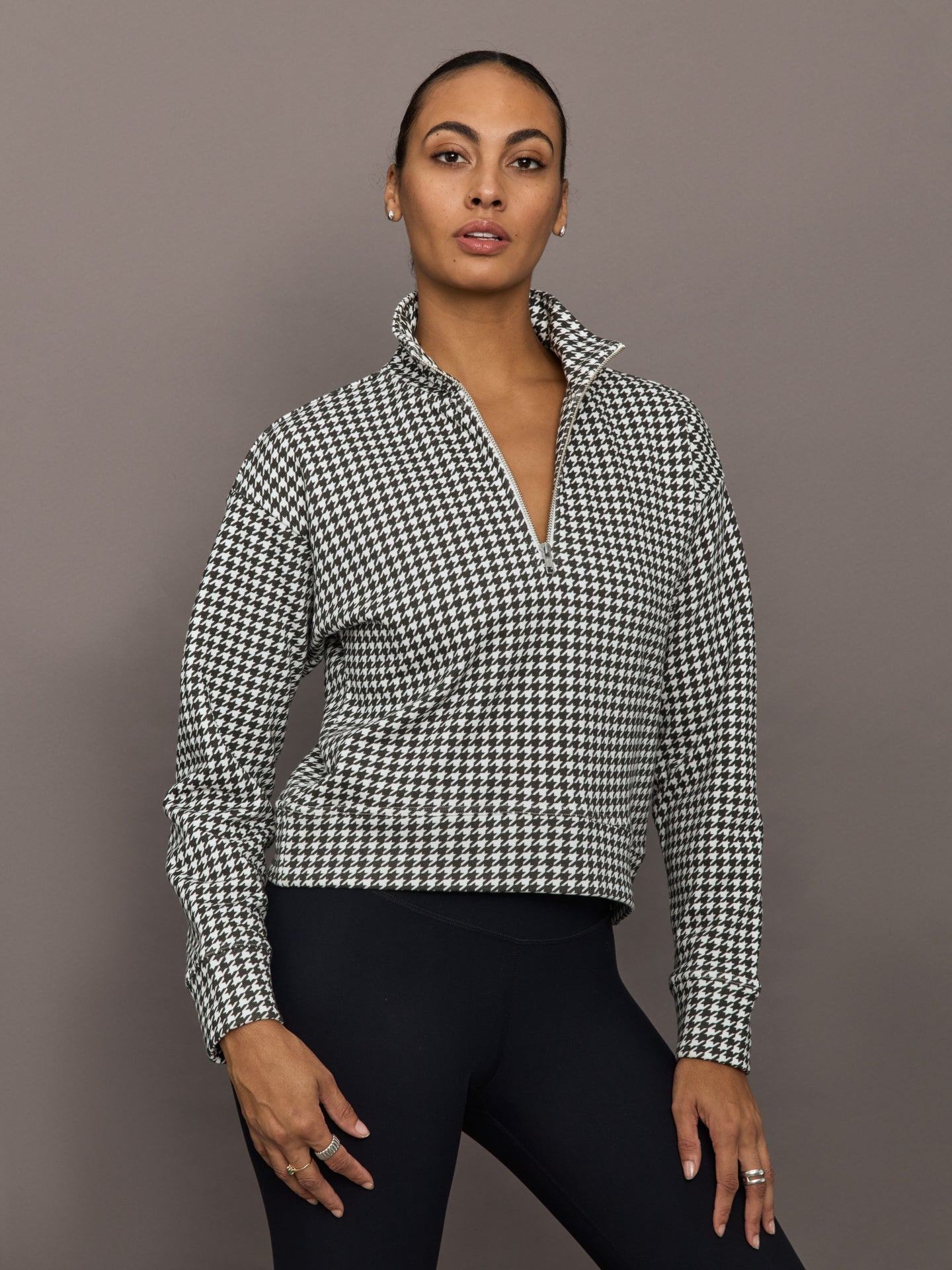 Houndstooth Half Zip | Ivory / Faded Black