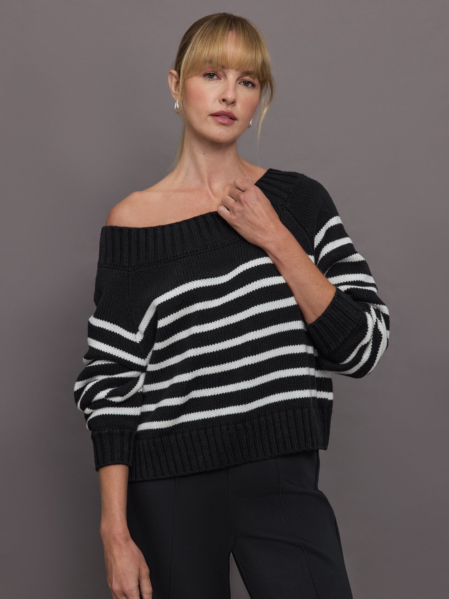 Slouchy Off Shoulder Sweater | Black / White Stripe