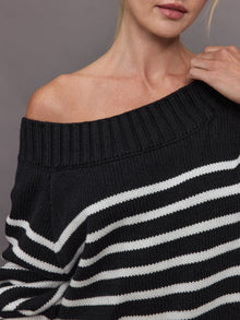 Slouchy Off Shoulder Sweater | Black / White Stripe