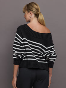 Slouchy Off Shoulder Sweater | Black / White Stripe