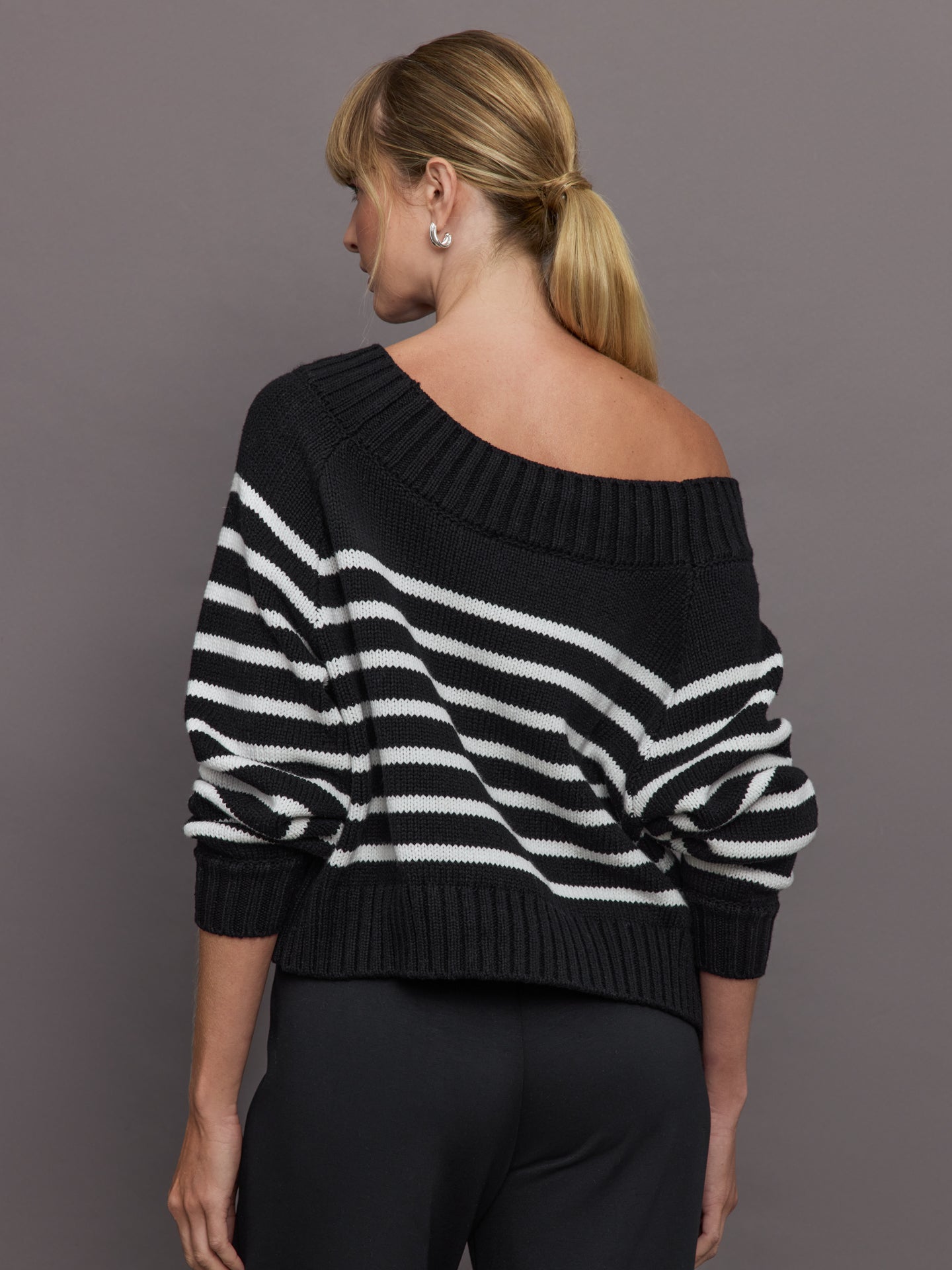 Slouchy Off Shoulder Sweater | Black / White Stripe