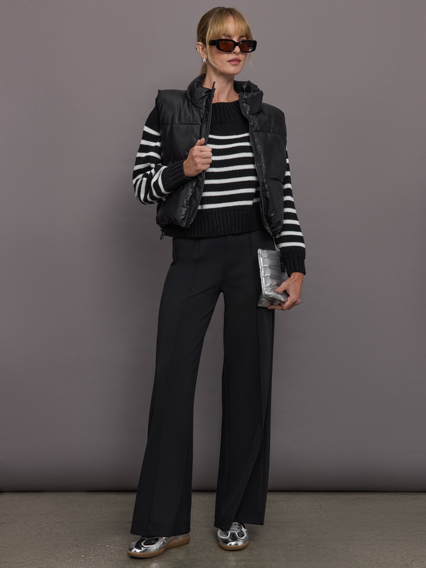 Slouchy Off Shoulder Sweater | Black / White Stripe