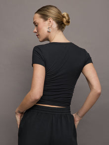 Cap Sleeve Ruched Top in Ribbed Jersey | Black