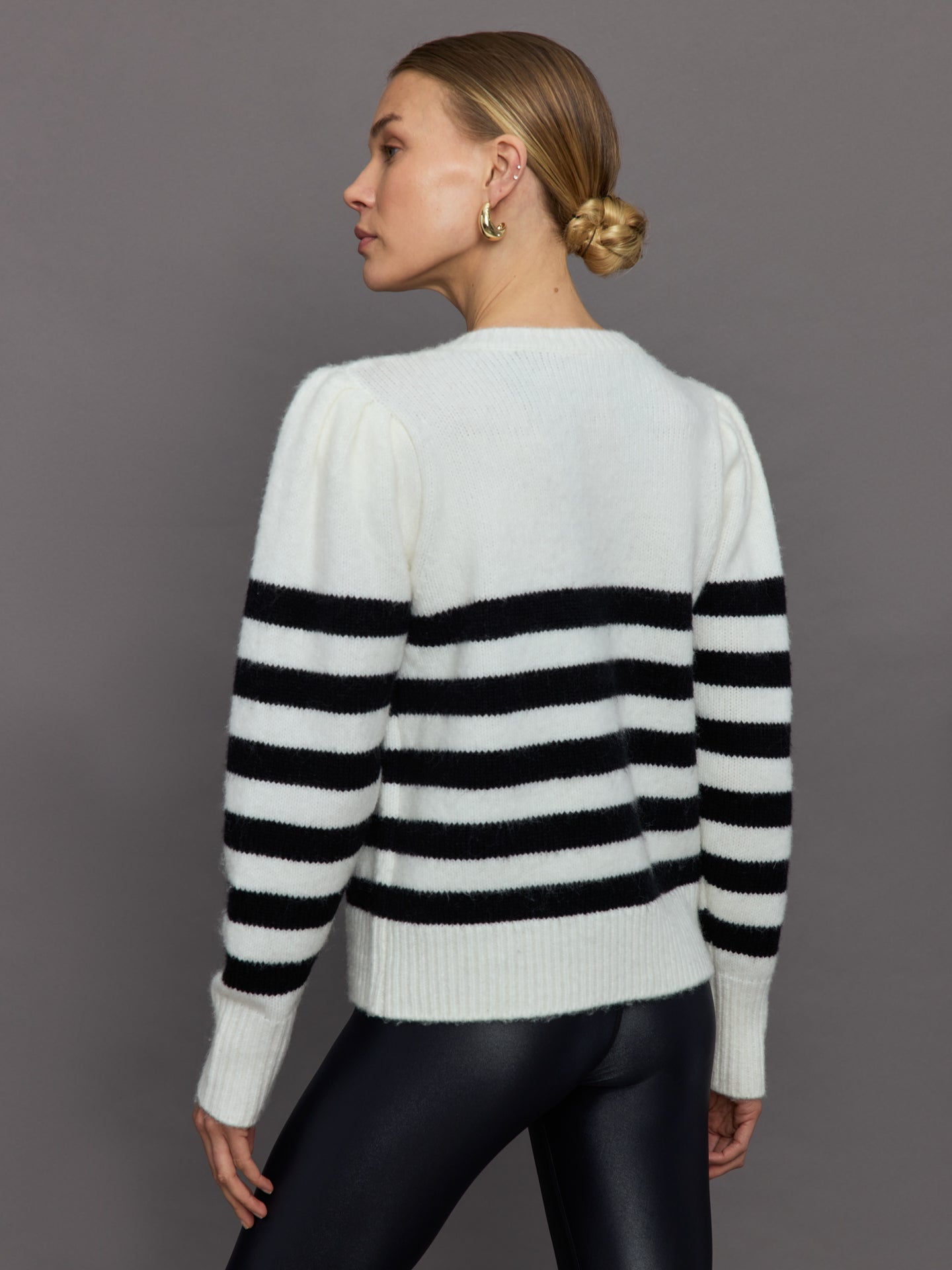 Striped Puff Sleeve Sweater | Cream/ Black