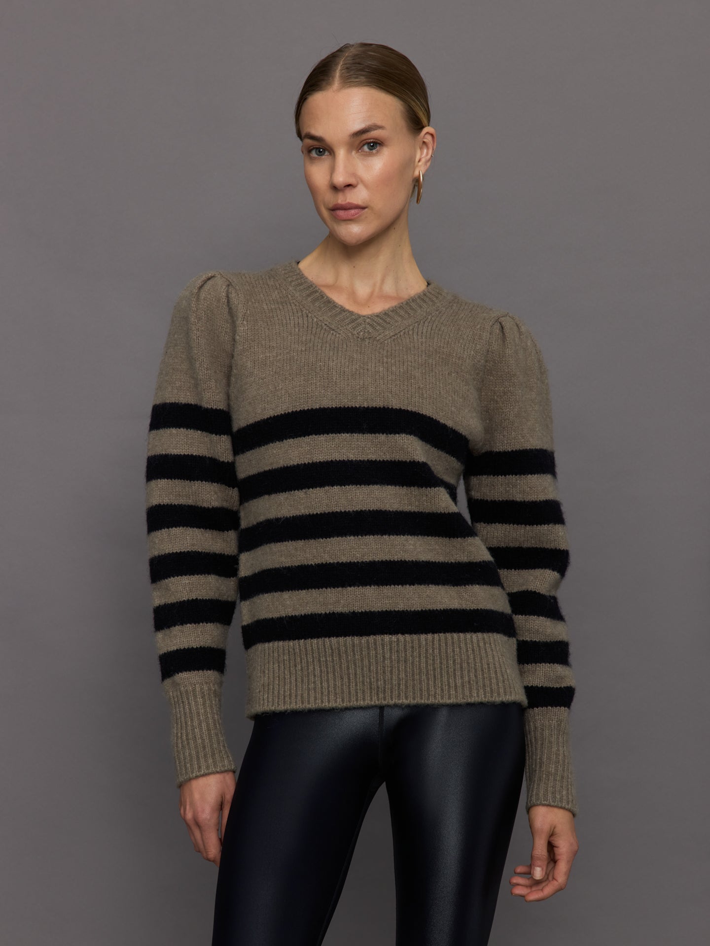Striped Puff Sleeve Sweater | Stone/ Black