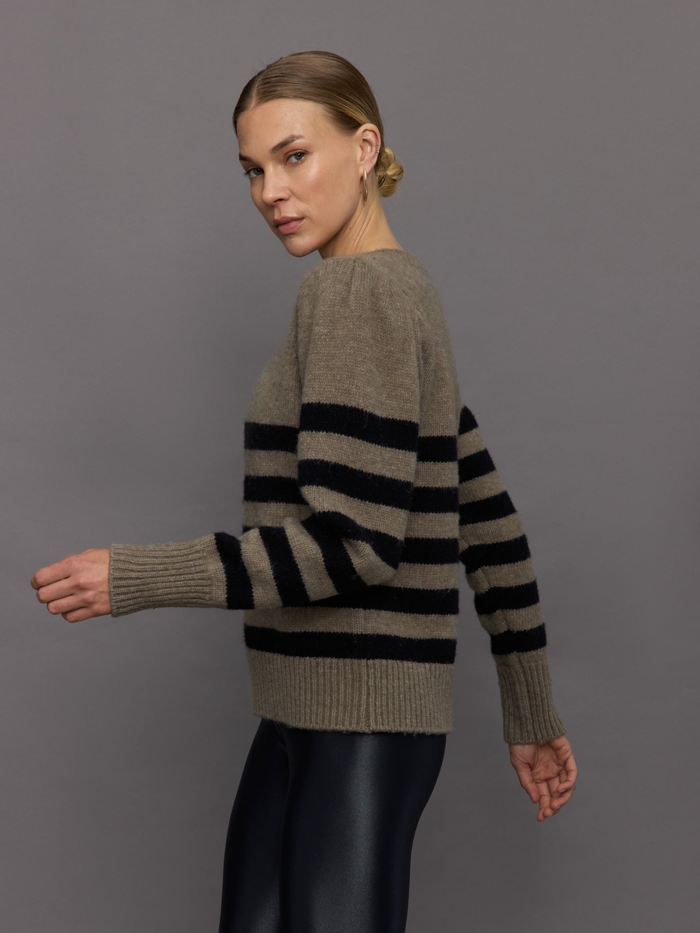 Striped Puff Sleeve Sweater | Stone/ Black