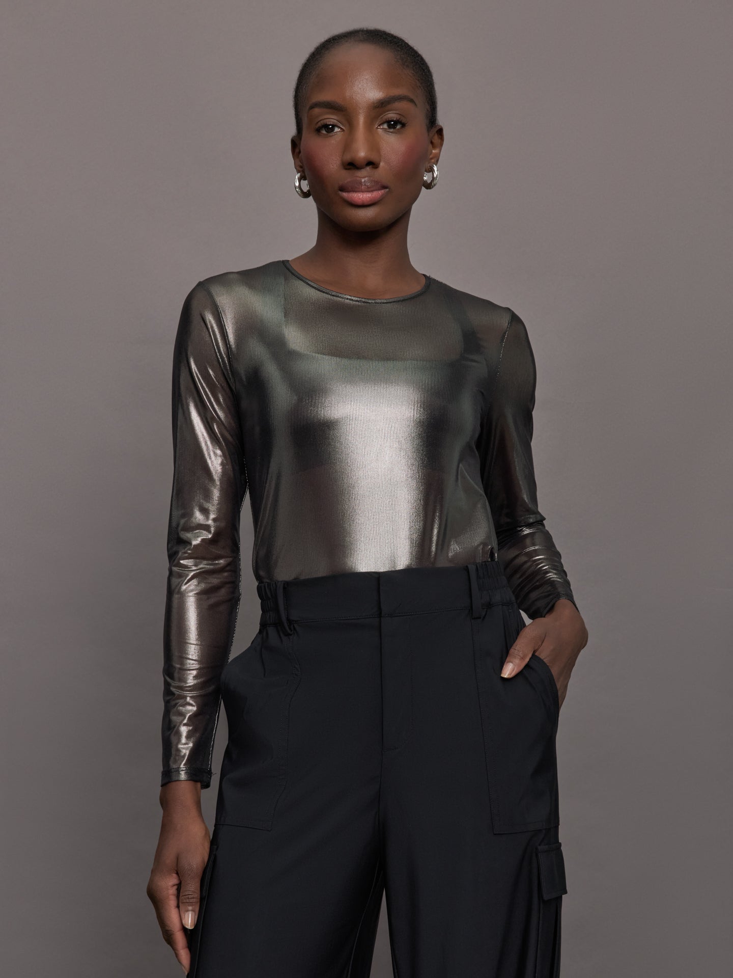 Silver Mesh Long Sleeve Top | Grey Mesh