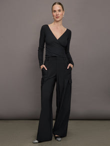 Long Sleeve Wrap Top in Ribbed Jersey | Black
