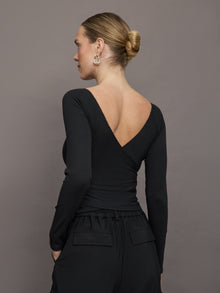 Long Sleeve Wrap Top in Ribbed Jersey | Black
