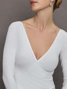 Long Sleeve Wrap Top in Ribbed Jersey | White