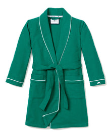 Kids Flannel Robe by Petite Plume: Forest green with white piping, shawl collar, long sleeves, two front pockets, matching waist belt. Made from flame-retardant fabric for safety.