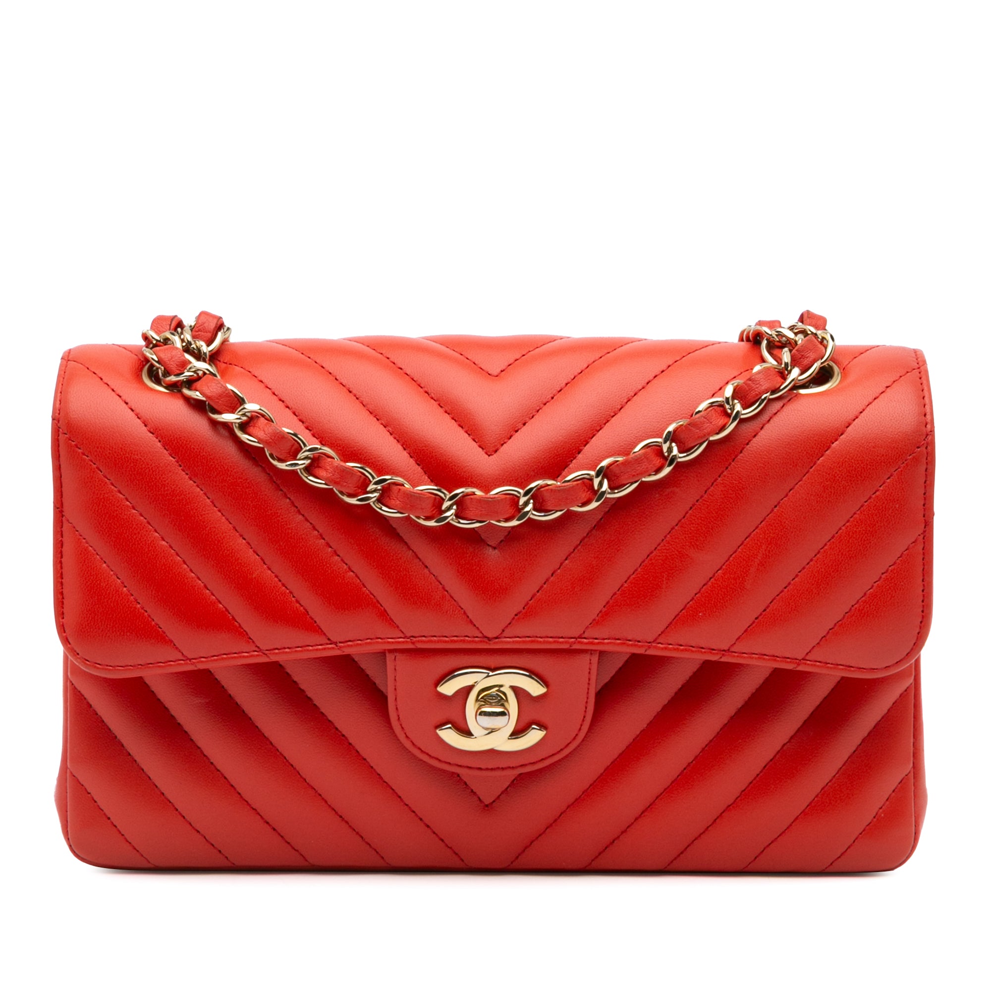 Chanel | Pre-Owned Small Classic Chevron Lambskin Double Flap | Orange/Dark Orange