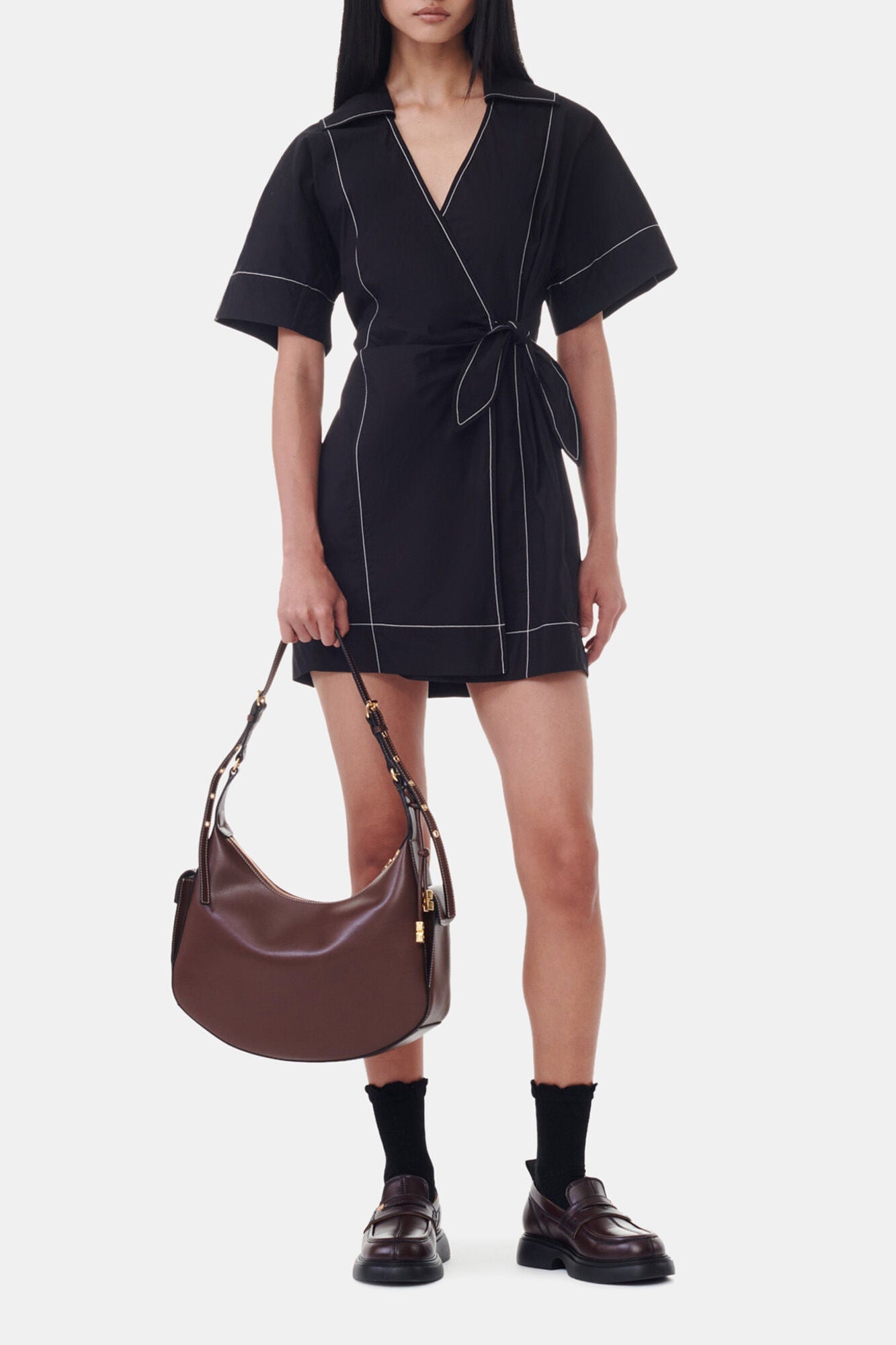 Cotton Poplin Wrap Mini Dress | Black