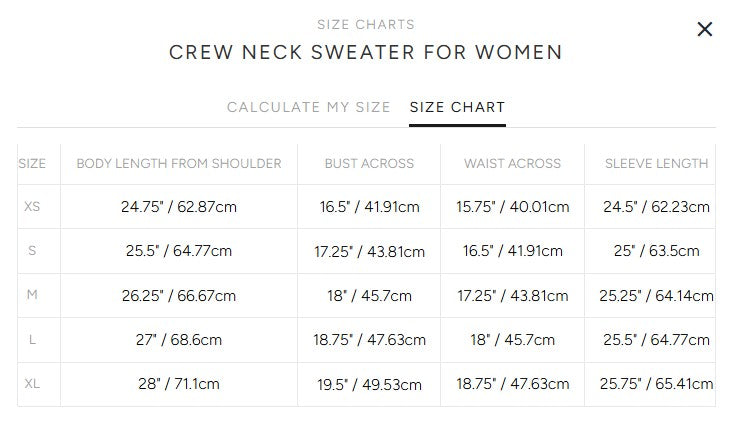 Product size guide
