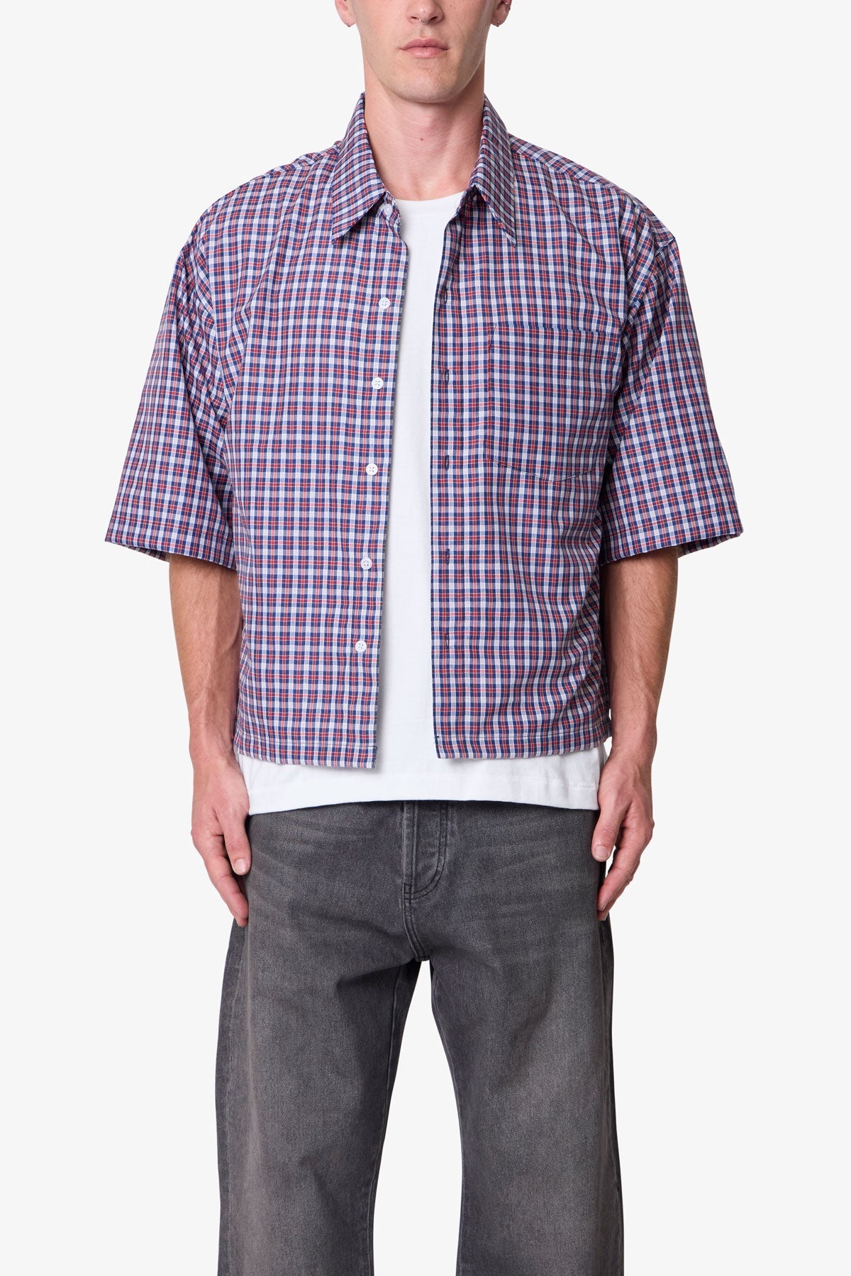 Crispy Poplin Over Shirt | Red/Blue