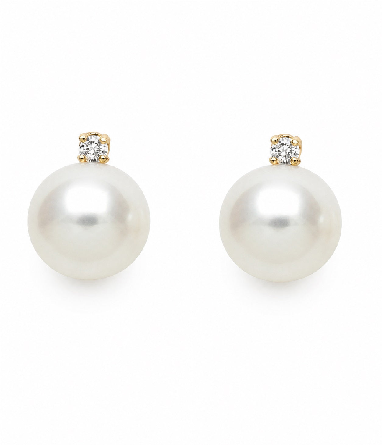 Round Stud Earrings - I | 14K Yellow Gold | 0.066 Carat Lab Grown Diamond/White Freshwater Pearl | 7mm - 8mm | G-SI