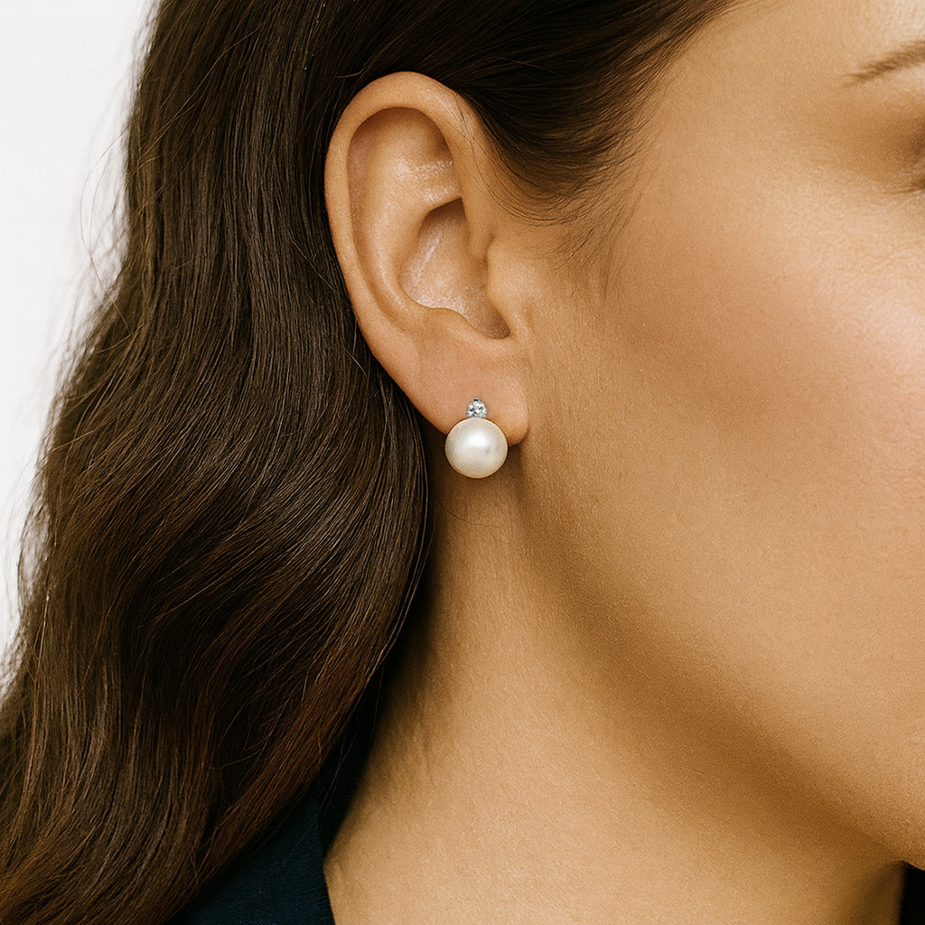 Round Stud Earrings | 14K Yellow Gold | 0.066 Carat Lab Grown Diamond/White Freshwater Pearl | 9mm - 10mm | G-SI