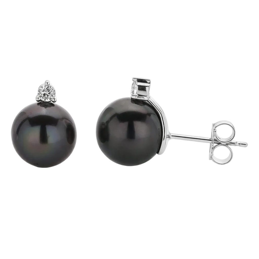 Round Stud Earrings | 14K White Gold | 1/4 Carat Lab Grown Diamond/Black Tahitian Pearl | 11mm - 12mm | G-SI