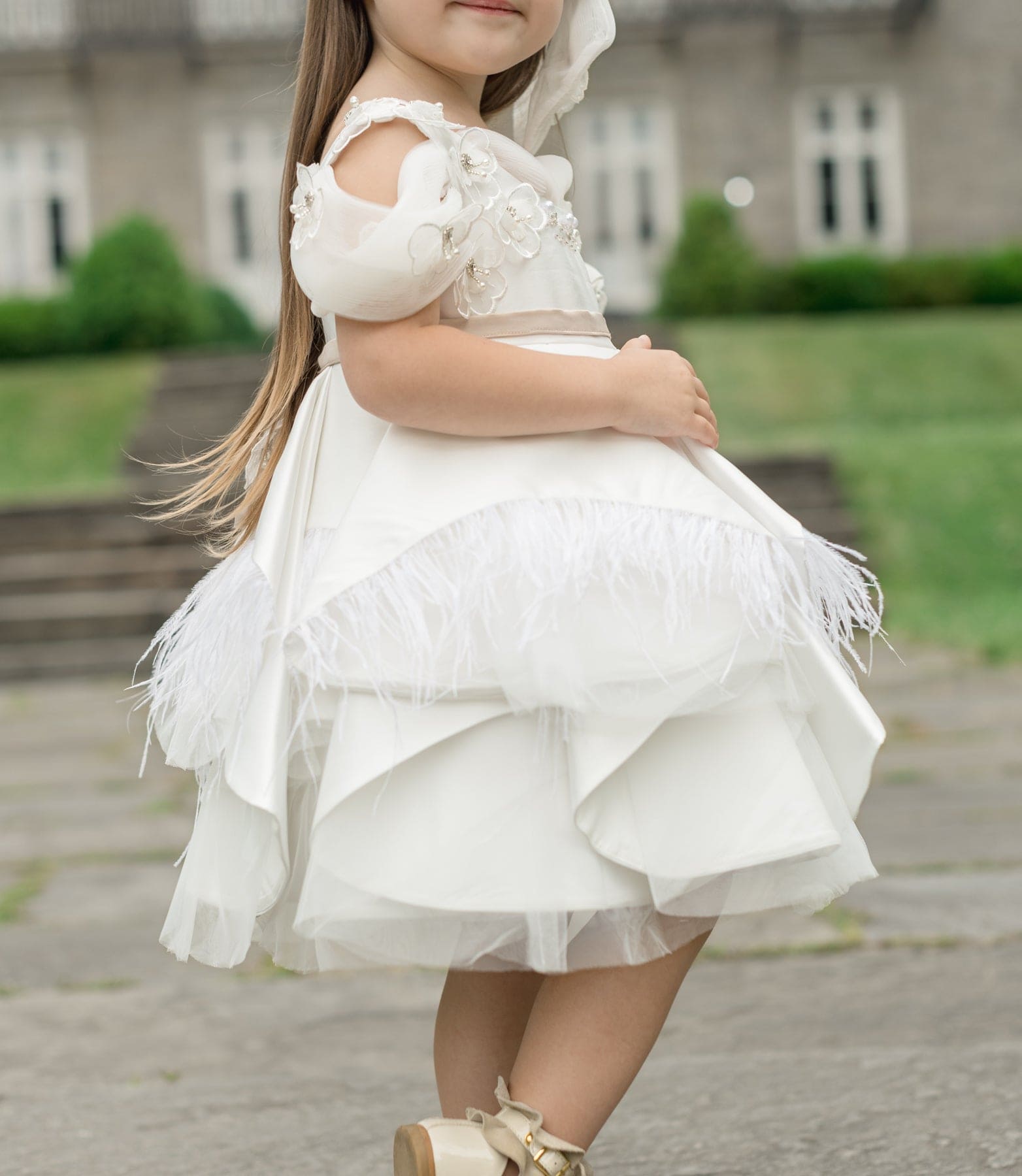 Constanza White Ceremony Dress with Champagne Bow | White