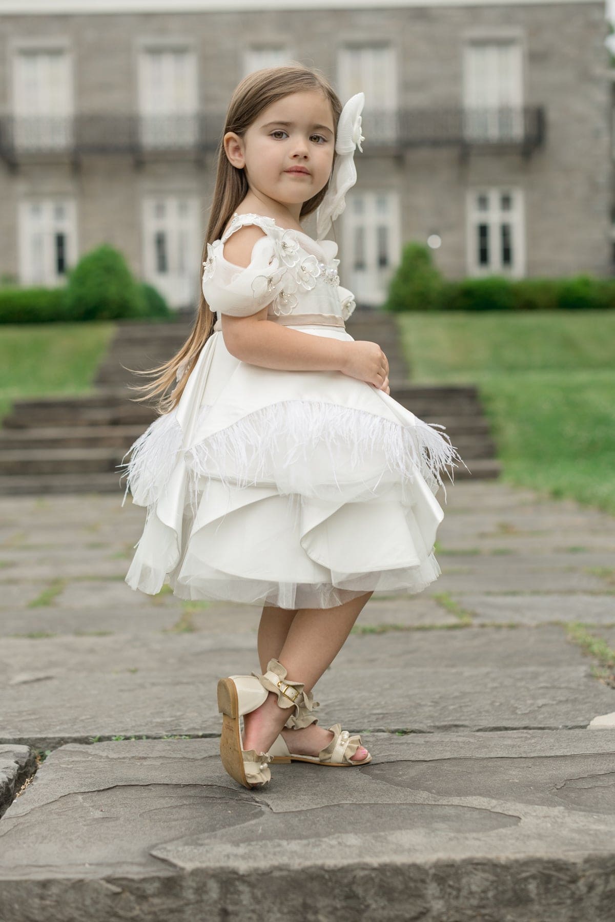 Constanza White Ceremony Dress with Champagne Bow | White