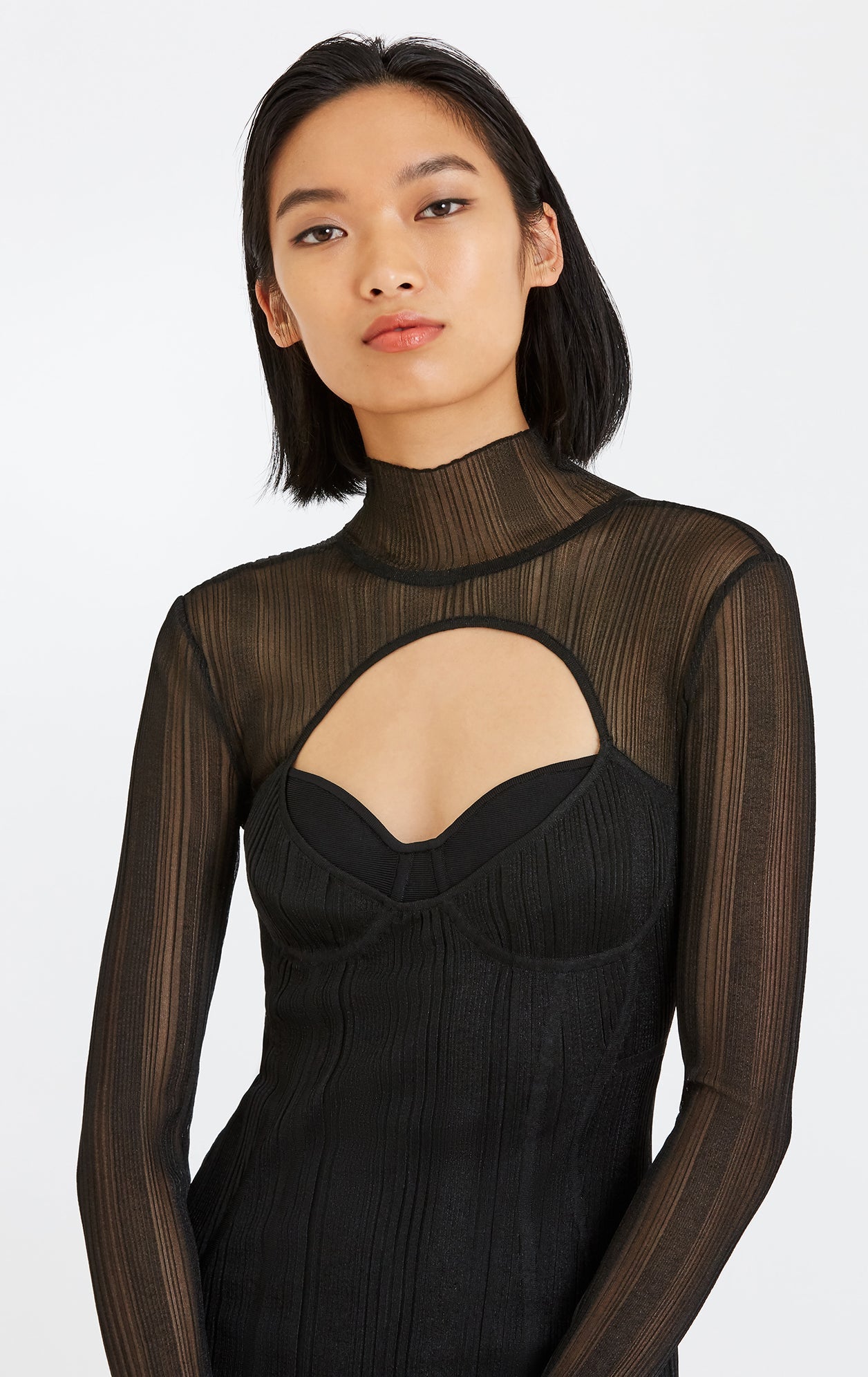 Layered Sheer Ribbed Bandage Dress | Black